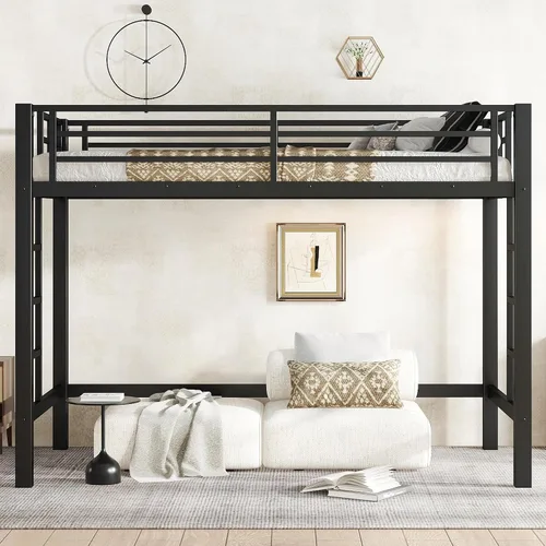Vista 11 de Twin Size Metal Loft Bed with Open Space Underneath, Heavy Duty Bed Frame with 2 Ladders and Tall Guardrail for Adults, Kids and Young Teens, Black