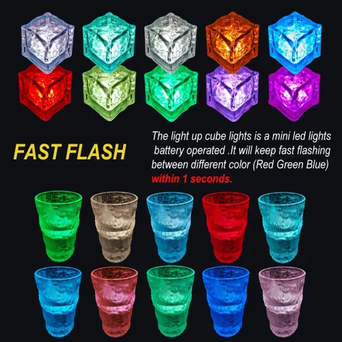 Vista 3 de Paquete de 120 cubitos de hielo iluminados, cubitos de hielo LED que brillan para bebidas con sensor de líquido, luces LED impermeables multicolor