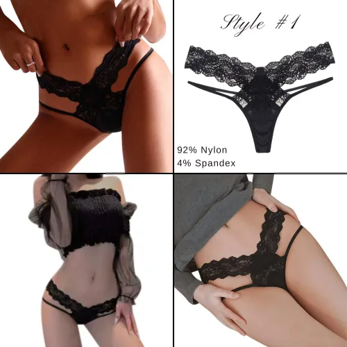 Vista 2 de Ropa interior sexy negra Paquete variado de 5 Bragas de encaje Ropa interior para mujer Bragas para mujer Lencería para mujer