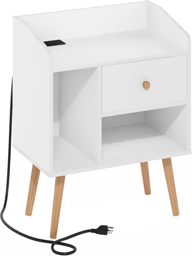 Vista 7 de Furinno Claude Mesa Auxiliar, Mesa Lateral de Mediados de Siglo con Estación de Carga, Mesita de Noche con Patas de Madera, Mesa de Cabecera