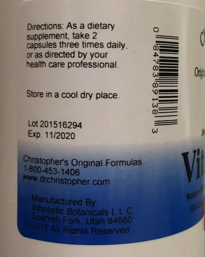 Vista 2 de Christopher's Original Formulas Vitalerbs, suplemento herbario rico en nutrientes, 180 cápsulas vegetales