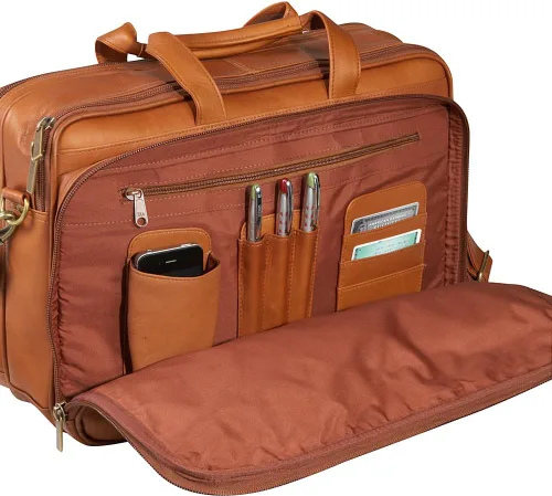 Vista 3 de Maletín de cuero con doble compartimento para portátil, cuero Vaquetta colombiano, Beige Bronceado, Antiguo