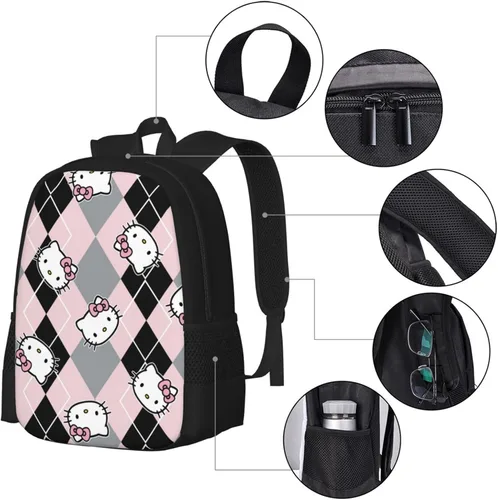 Vista 5 de Juego de mochilas para niños con diseño de gato lindo de dibujos animados para niñas, mochila escolar con caja de almuerzo y estuche para lápices