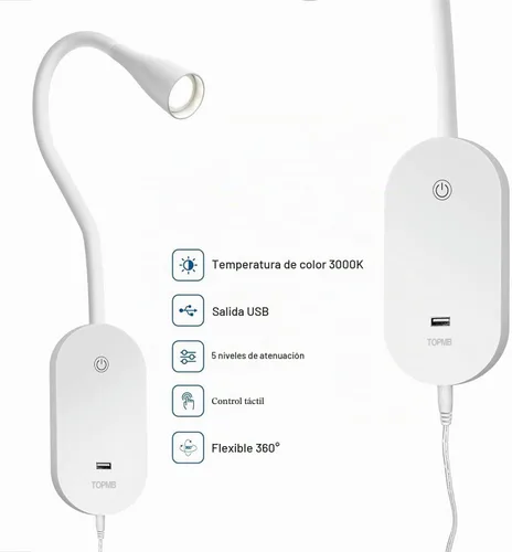 Vista 4 de Luz de lectura de pared para libros en la cama, lámpara de pared de cabecera con salida USB, lámpara de lectura regulable con 5 controles táctiles