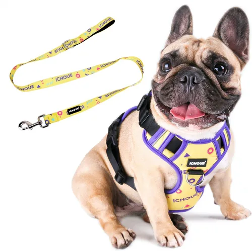 Vista 22 de iChoue Arnés para bulldog francés, ajustable, acolchado, hebilla bloqueada con asa para perros carlino francés, Boston Terrier inglés, azul, talla S