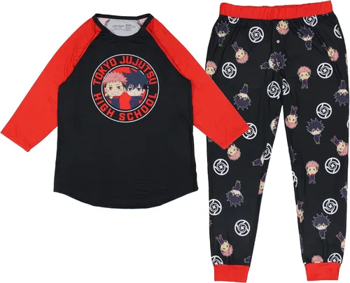 Vista 5 de Bioworld Jujutsu Kaisen - Pijama para mujer Tokyo Jujutsu High School Yuji Itadori y Megumi Fushiguro Raglan Jogger Pijama Conjunto