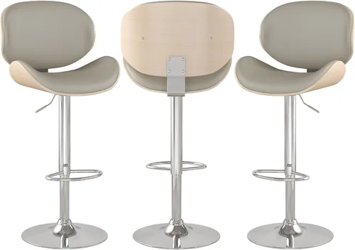 Vista 23 de Juego de 2 taburetes de bar giratorios ajustables, modernos taburetes de bar de madera curvada con base de metal grande y reposapiés, silla de bar