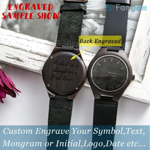 Vista 2 de Famgem - Reloj de pulsera para hombre con grabado de madera, correa de cuero personalizada, correa de cuero