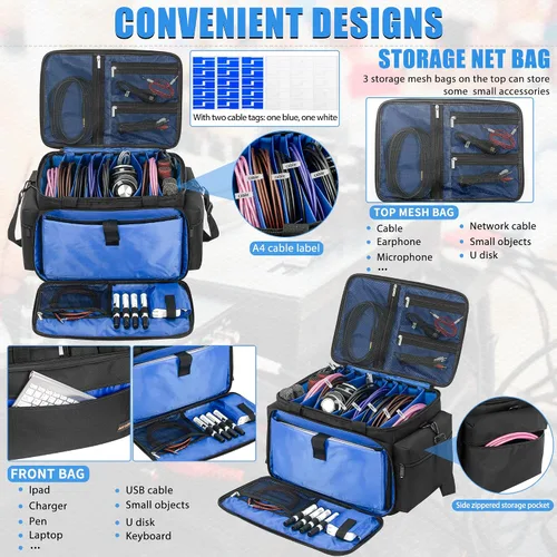 Vista 2 de AKOZLIN Bolsa Organizadora de Archivos de Cable con Divisores Desmontables para Equipo de DJ, Accesorios de Instrumentos de Sonido