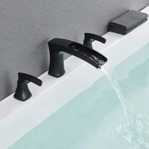 Vista 4 de Grifo de bañera romana, relleno de bañera en cascada, grifos de baño de latón de 3 agujeros con 2 asas Negro