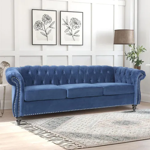 Vista 4 de Sofá Chesterfield, Sofá Moderno de Terciopelo Capitonado de 3 Plazas con Brazos Enrollados y Tachuelas para Sala de Estar, Dormitorio, Oficina, Azul