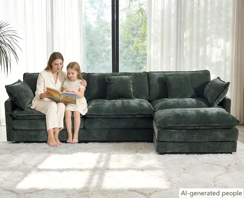 Vista 3 de Sofá modular modular de felpilla de asiento profundo, sofá en forma de L con almohadas y otomana móvil, cómodos sofás seccionales de nube de 3 Verde