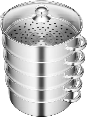 Vista 13 de Vaporizador de 11.8 x 18.5 in/11.81 x 18.5 pulgadas, olla de vapor de acero inoxidable de 5 niveles con tapa transparente y asas doradas