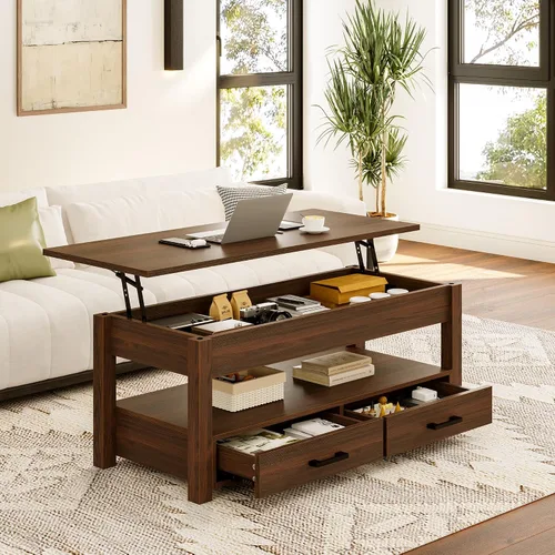 Vista 9 de FABATO Mesa auxiliar elevable de 41.7 pulgadas con 2 cajones de almacenamiento con compartimento oculto, estante de almacenamiento abierto para sala