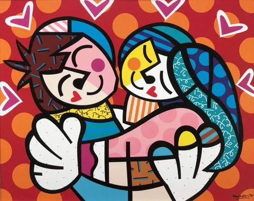 Vista 2 de Romero Britto "Abrazar" recién enmarcado personalizado impreso de arte tamaño marco medidas aprox. 15" x 17" Tamaño de la imagen: 8" x 10
