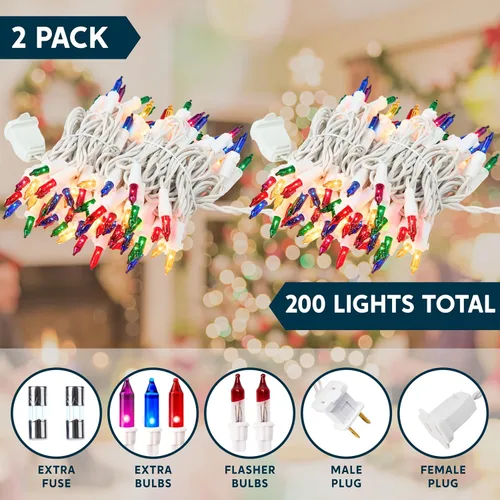 Vista 7 de Joiedomi Guirnalda de luces de Navidad para interiores, 200 (2 x 100) mini luces multicolor con cable blanco de 42.8 pies, decoración de iluminación