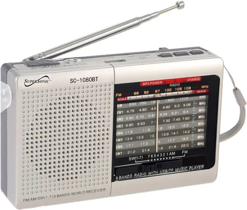 Vista 4 de Supersonic Radio SC-1080BT de 9 bandas con Bluetooth, radio estéreo portátil pequeña multibanda, entrada USB y micro SD, luz de antorcha y batería