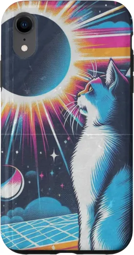 Vista 8 de iPhone 15 Cat Solar Eclipse - Synthwave Retro Poster Style Case