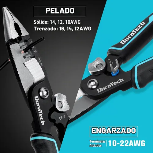 Vista 7 de DURATECH Pelacables 5 en 1, pelacables de 8 pulgadas y herramienta de prensado, construcción CR-V premium, alicates de punta de aguja, alicates