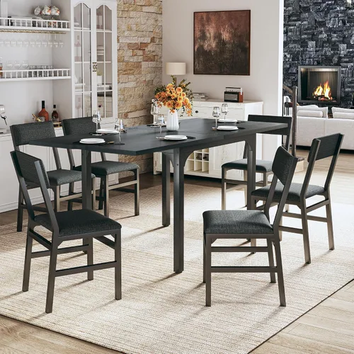 Vista 9 de Juego de mesa de comedor de 7 piezas para 4-6, sillas extensibles para mesa de cocina, juego de 6 con 6 sillas, mesa de comedor rectangular con Negro