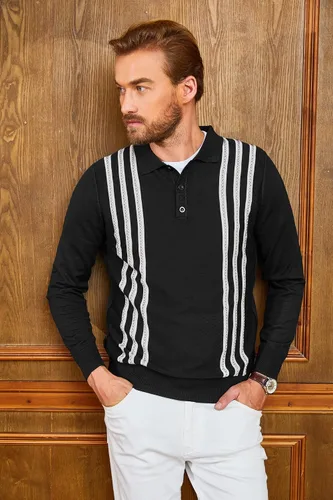 Vista 2 de PJ PAUL JONES Men's Vintage Stripe Knitted Polo Shirts Breathable Button Casual Pullover Sweater