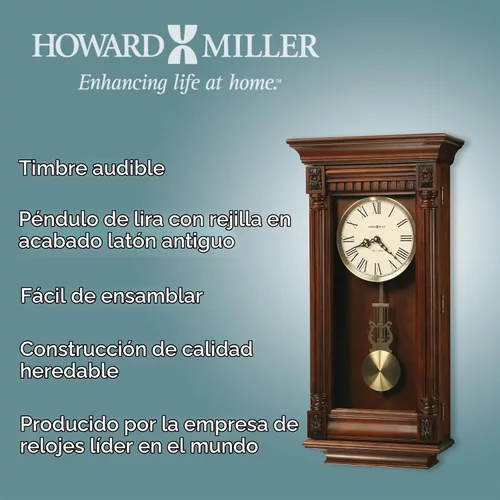 Vista 2 de Howard Miller Lewisburg - Reloj de pared de madera Péndulo de lira, campanilla Westminster, números romanos, funciona con pilas, decoración