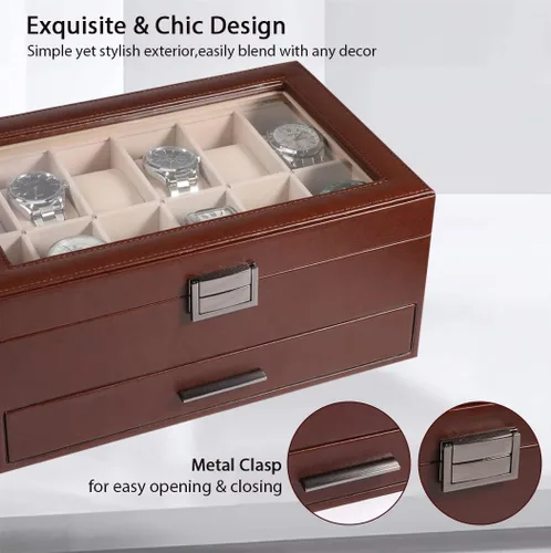 Vista 3 de Voova Joyero organizador de cajas de reloj para hombres y mujeres 2 capas grandes de 12 ranuras de piel sintética estuche de almacenamiento
