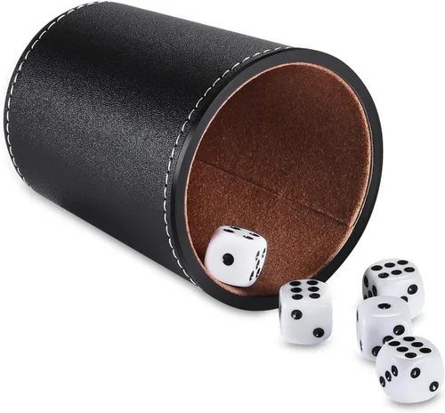 Vista 6 de Juego de tazas de cuero para dados, 5 tazas de dados negros + 25 dados + funda exclusiva de almacenamiento y transporte hecha de piel sintética