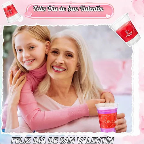 Vista 6 de Meanplan 100 vasos de plástico de San Valentín de 12 onzas a granel, vasos de San Valentín a granel, vasos de corazón rosa, suministros de fiesta