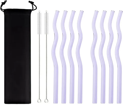 Vista 18 de JASHII Pajitas de vidrio ondulado negro – 8 piezas, 7.87 x 0.31 pulgadas, reutilizables con bolsa negra, multicolor para beber bebidas