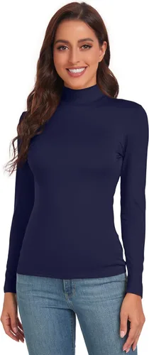 Vista 2 de ACIEMR Camisetas de manga larga con cuello alto falso para mujer, ajustadas, básicas, para mujer