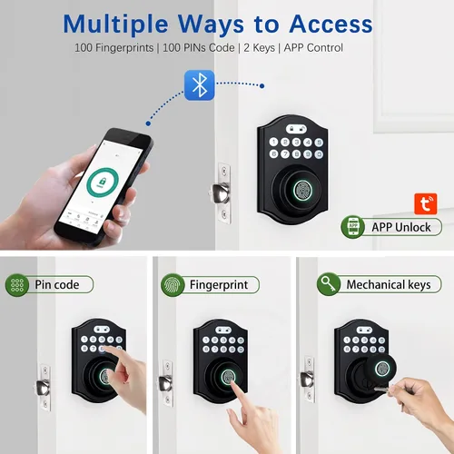 Vista 2 de Cerradura inteligente de puerta de huellas dactilares, cerrojo de entrada sin llave con teclado electrónico, control de aplicación Bluetooth, Negro