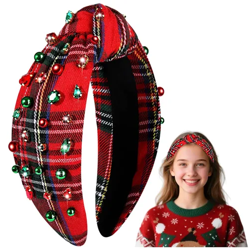 Vista 13 de Diadema de Navidad para mujer, accesorios de Navidad con cuentas, arco de Navidad, árbol, copo de nieve, diadema anudada HOHOHO, rojo y verde, perla