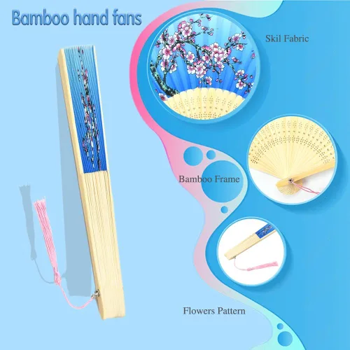 Vista 2 de HUNANBANG 4 abanicos de mano plegables de bambú oriental, regalo de boda, regalos de fiesta, decoración de bricolaje, tamaño 8 14 pulgadas, paquete
