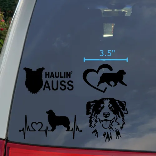 Vista 3 de Paquete de 4 calcomanías de pastor australiano: Haulin' Auss, latido del corazón australiano, corazón de pastor australiano, calcomanías detalladas