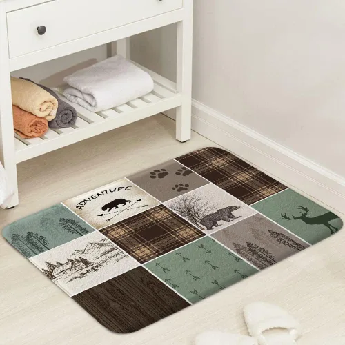 Vista 4 de Alfombras de baño de cabaña retro rústicas para baño, osos, ciervos, caza, animales salvajes, franela para baño, ducha, antideslizante, tapete a