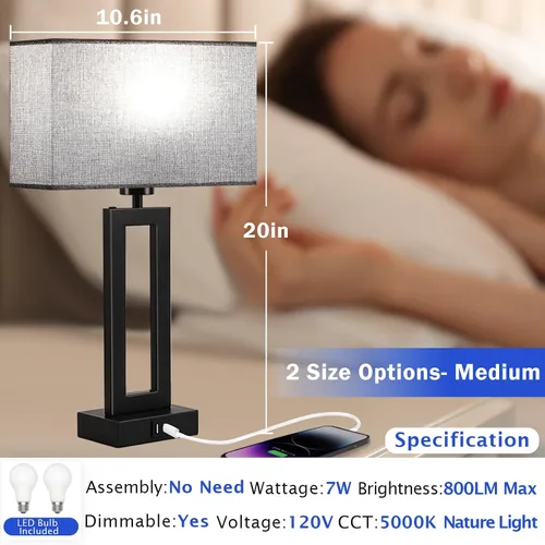 Vista 4 de Juego de 2 lámparas modernas para mesita de noche, con control táctil, USB C y A, regulables de 3 vías para dormitorios y sala de estar, gris y negro