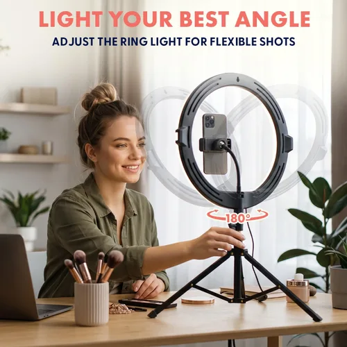 Vista 9 de SQUATZ Anillo de luz LED de 11 pulgadas para selfie de 12 W con control por cable, 3 modos de color, 10 niveles de brillo, soporte de trípode con 6