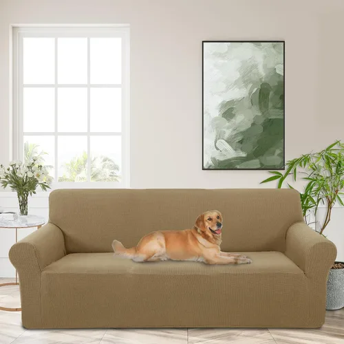 Vista 18 de Funda elástica para sofá, lavable, protector de muebles con espuma antideslizante y parte inferior elástica para niños, perros (sofá biplaza/beige)