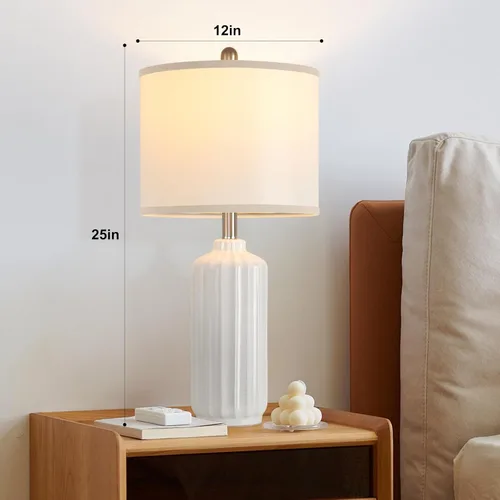 Vista 7 de Lámpara para Sala de Estar Dormitorio Lámparas de Mesa Estilo Granja Juego de 2 Lámparas de Mesa de Cerámica con Rayas Verticales, Pantalla de Lino