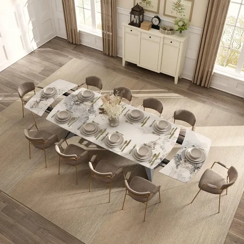Vista 10 de Honyee Mesa de comedor de piedra sinterizada, mesa de comedor extensible con hojas, parte superior rectangular de aspecto de mármol, asientos 6-12