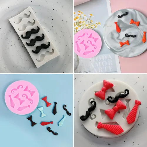 Vista 4 de Juego de 5, mini moldes de silicona para barba, molde de fondant de chocolate con caramelo de findTop para corbata, mini bigote, lazo, pastel, barba