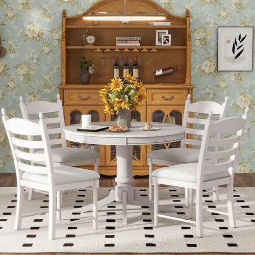 Vista 2 de Merax Juego de mesa de comedor, juego de mesa de comedor funcional retro de 5 piezas, mesa de comedor redonda extensible de madera y 4 sillas