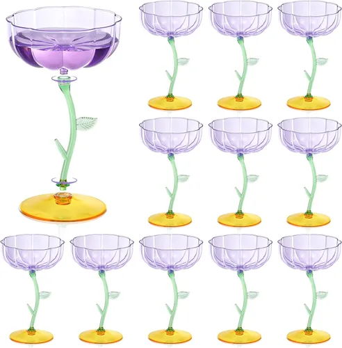 Vista 13 de 12 vasos de plástico azul acanalados cupé desmontables de 7 onzas, copas de cóctel de flores modernas onduladas de plástico, vasos de Martini