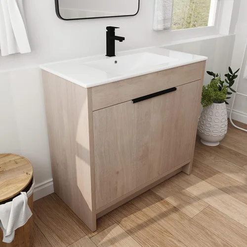 Vista 9 de Juego de tocador de baño independiente con lavabo, armario de almacenamiento moderno de 24 pulgadas con fregadero de cerámica blanca, gabinete