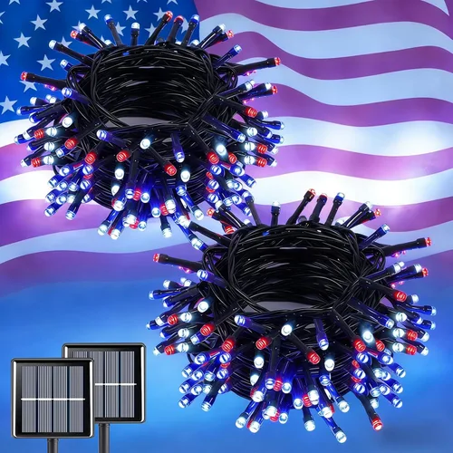 Vista 14 de QITONG Paquete de 2 luces solares azules y blancas de Navidad, cada cadena de 200 luces LED solares de 66 pies para exteriores, impermeable, 8 modos