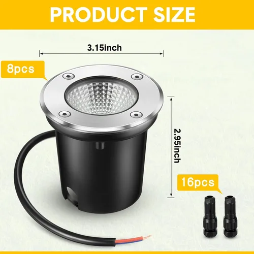 Vista 2 de Yahenda 8 juegos de luces de paisaje de bajo voltaje 5W LED blanco cálido al aire libre impermeable luces de cubierta con conectores, 12V-24V
