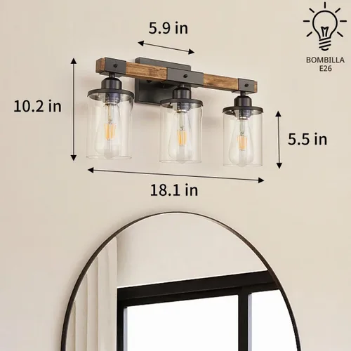 Vista 4 de Luminarias de Baño de 3 Luces, Luz de Tocador de Baño Estilo Granja Madera Rústica Industrial Vintage Negra Pequeña Lámpara de Pared Aplique sobre