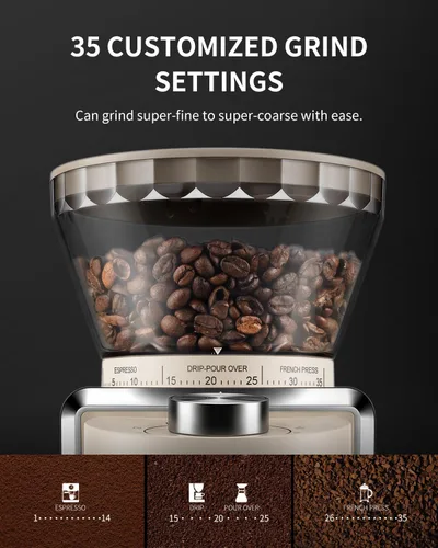 Vista 4 de KIDISLE Molinillo de café cónico 2.0, molinillo eléctrico de granos de café para molienda precisa, 35 ajustes, selector de 2 a 12 tazas, diseño Beige
