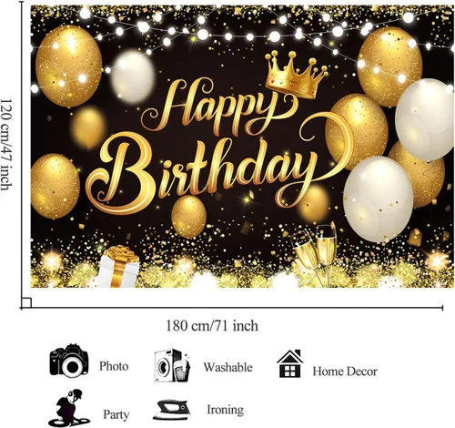 Vista 3 de 180x120 cm Telón de Fondo de Cumpleaños Negro y Dorado de 71x47 Pulg. Telones de Fondo de Cumpleaños de Brillo Negro y Dorado Telones de Fondo